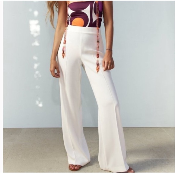 ZARA WHITE CREPE LONG FLOWY SIDE ZIPPER TROUSERS PANTS $50 - Picture 14 of 16